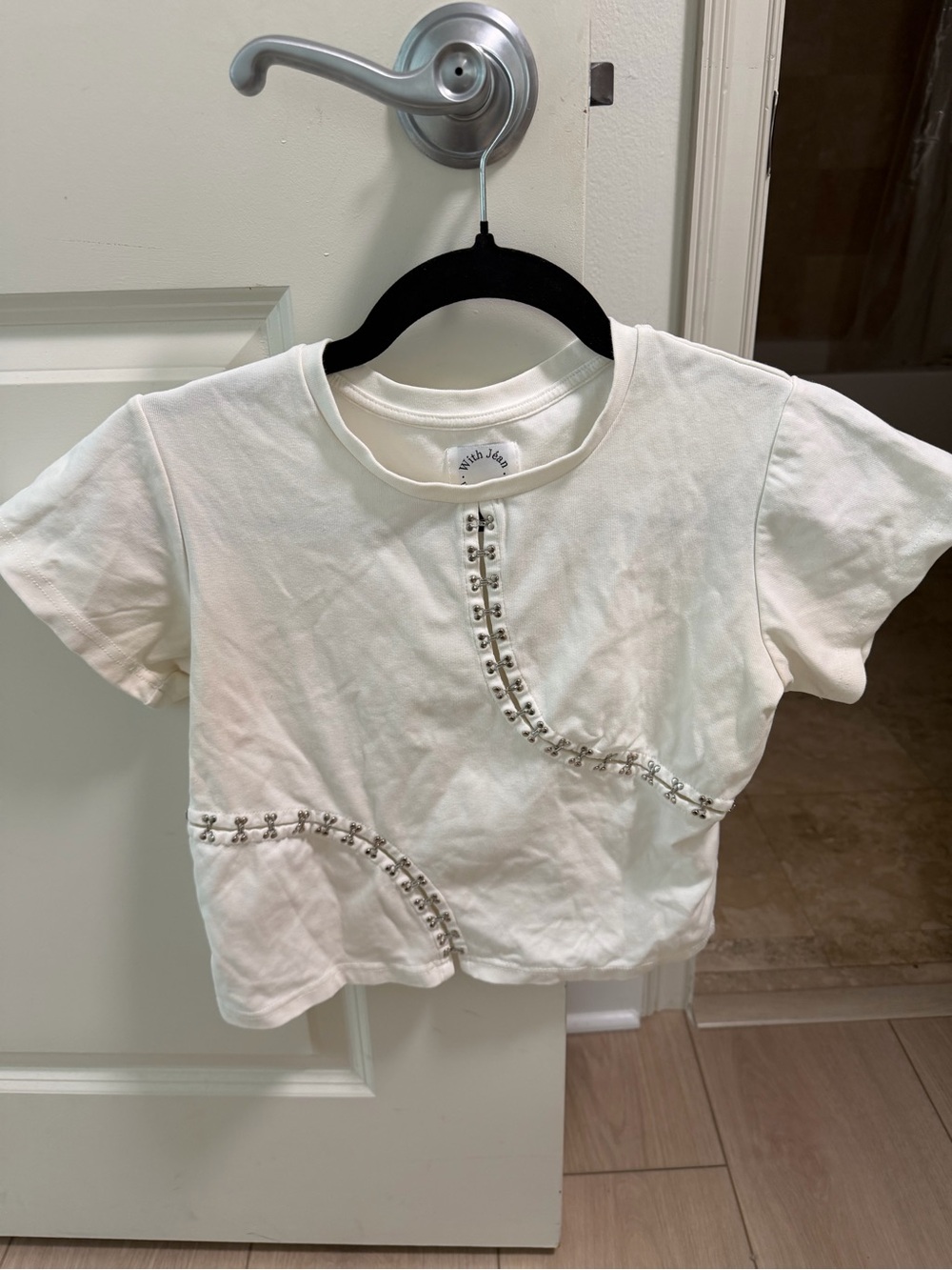 With Jean White Short Sleeve Tee with Silver Stud Trim